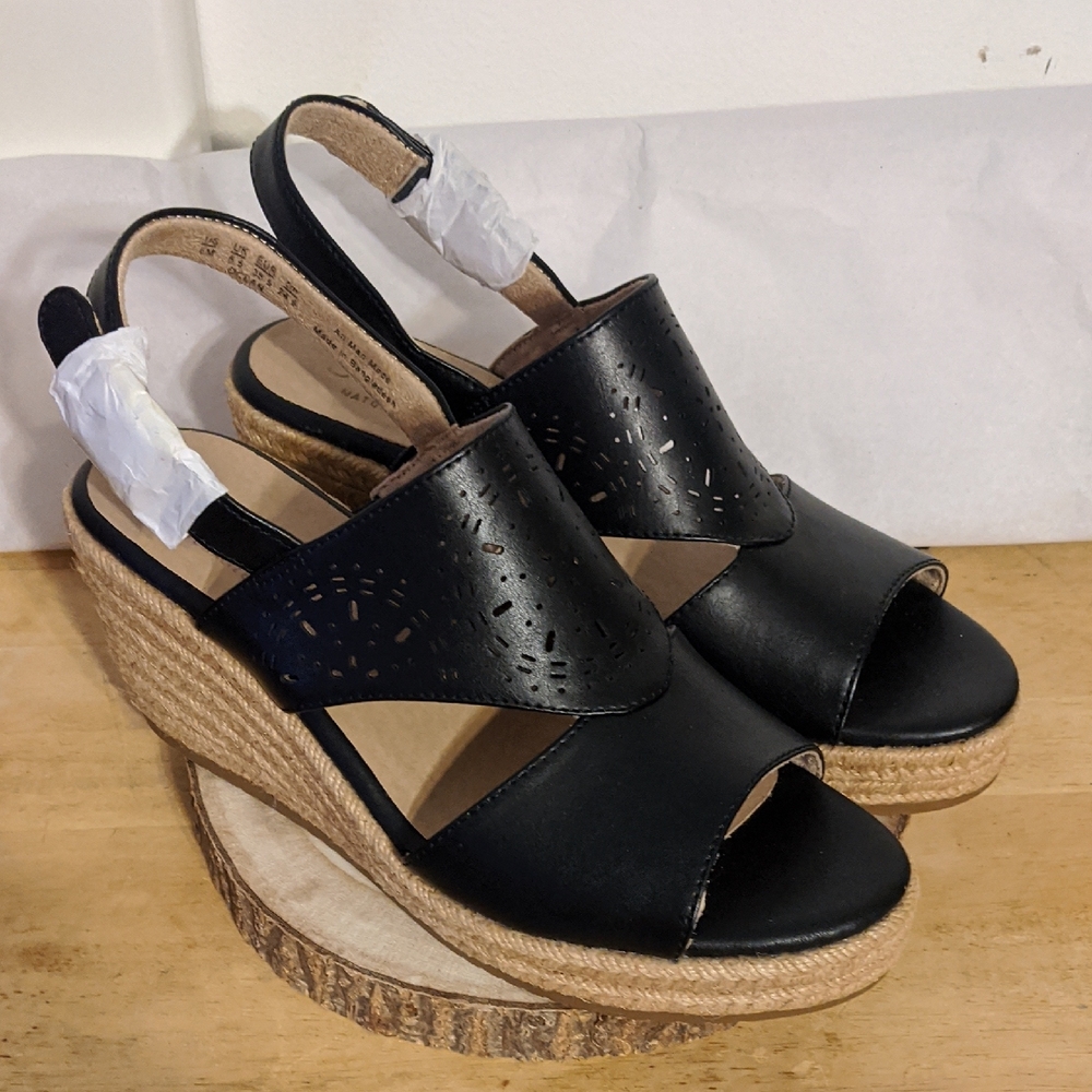 Soul Naturalizer Ocean Chic Black Leather Wedge Sandals with Slingback Size 8